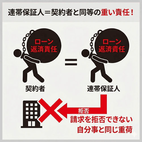 連帯保証人は契約者本人と同等の責任を負うことになり、契約者の返済能力や資金の有無にかかわらず返済を求められたら拒否することができず、自分自身でローンを組むのと同程度の重い責任を負う立場であることを解説する画像。