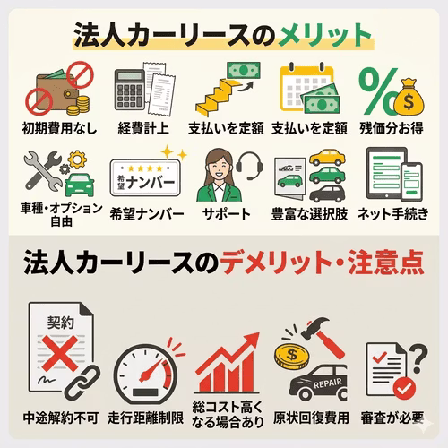 法人向けカーリースの10のメリット（初期費用0円、全額経費計上、定額支払い、管理の一元化など）と、5つのデメリット・注意点（中途解約不可、走行距離制限、審査の必要性など）を一覧で比較した画像。資金繰りや節税の利点と、契約上の制約を整理して解説している。