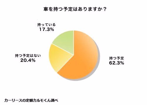 新社会人を対象にした「車を持つ予定はありますか？」というアンケート結果。「持つ予定」62.3％、「持つ予定はない」20.4％、「持っている」17.3％。カルモくん調べ。