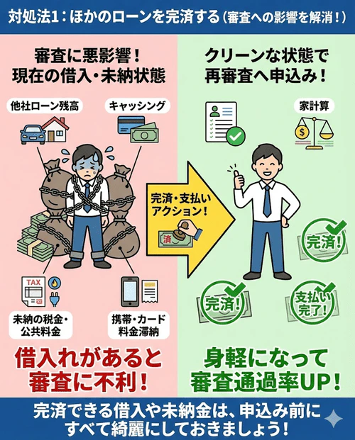 マイカーローンの再審査に通りやすくするための対処法「1. ほかのローンを完済する」について、他社借入やクレジットカードのキャッシング、未納の税金や各種料金などを事前に完済・精算してからローン申請をすることで、審査への悪影響を防げることを解説する画像。