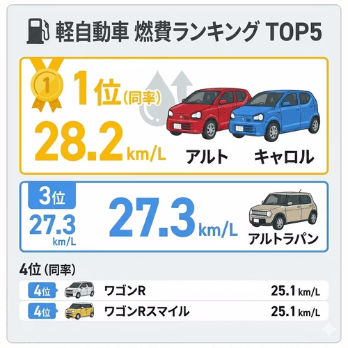 燃費の良い軽自動車ランキング（WLTCモード）トップ5の表。1位は同率でスズキ「アルト」とマツダ「キャロル」で28.2km/L。上位5台中4台をスズキ車が占めており、3位にスズキ「アルトラパン」、同率4位にスズキ「ワゴンＲ」と「ワゴンＲスマイル」がランクインしている。いずれもマイルドハイブリッドシステムを採用している。なお、ランキング1位のアルトはガソリン車も2WD車25.8km/L（WLTCモード）と低燃費で人気。