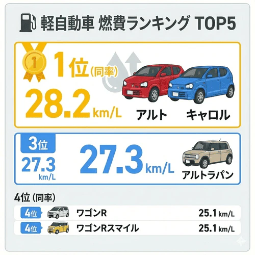 軽自動車の車種別燃費(WLTCモード)ランキングトップ5の表。1位は同率でスズキ「アルト」とマツダ「キャロル」で28.2km/L。上位5台中4台をスズキ車が占めており、3位にスズキ「アルトラパン」、同率4位にスズキ「ワゴンR」と「ワゴンRスマイル」がランクインしている。