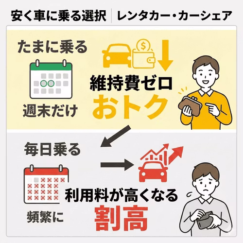 車を持たずに必要なときだけ利用する「レンタカー・カーシェア」という選択肢について、初期費用や維持費が不要で月に数回しか乗らない方には経済的な反面、頻繁に乗る場合は割高になる注意点を解説する画像。