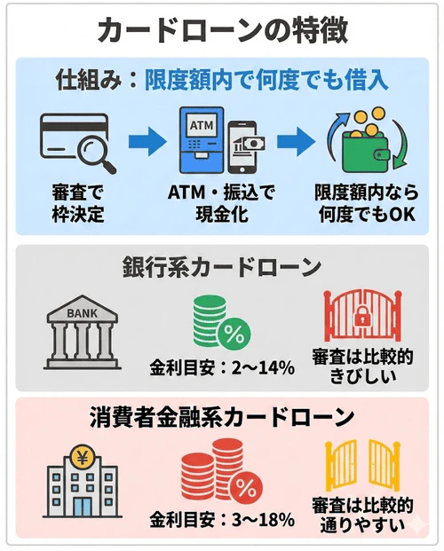 車の購入にも使えるカードローンの特徴について、限度額内で何度でも借入れが可能であることや、銀行系は金利が2～14％程度で審査が比較的きびしく、消費者金融系は金利が3〜18％程度で比較的通りやすい傾向があることを解説する画像。