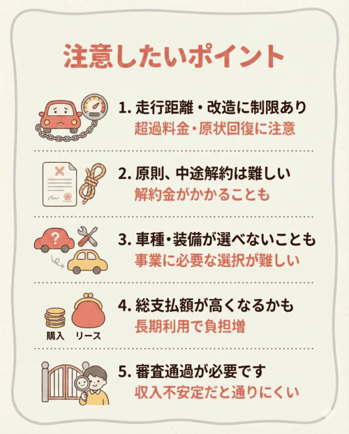 個人事業主がカーリースを利用する際に注意したい5つのデメリットを解説する画像。走行距離や改造に制限があり、超過料金や原状回復費用が発生するリスクがある。原則として中途解約は難しく、解約時に高額な費用がかかる可能性がある。希望する車種や事業に必要な装備を自由に選べない場合がある。長期利用では購入よりも総支払額が高くなる可能性がある。利用には審査通過が必須で、収入が不安定な場合は審査が通りにくい点に注意が必要。