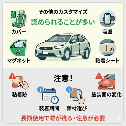 カーリースのその他のカスタマイズについて、マグネット式や吸盤式などの原状回復が容易な装飾は認められやすい一方、粘着跡や塗装面の変色といったリスクがあるため装着期間や素材選びに注意が必要であることを解説する画像。