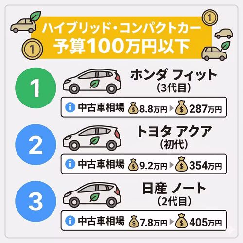 予算を抑えて購入できるハイブリッドコンパクトカーの、おすすめ車種ランキング画像。ホンダの「フィット」やトヨタの「アクア」、日産の「ノート」といった燃費性能に優れ、扱いやすい人気モデルをピックアップし、それぞれの中古車相場を比較・紹介している。
