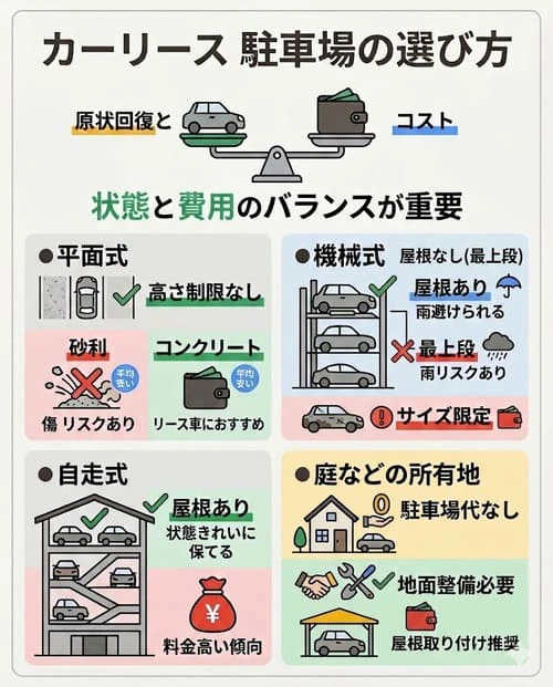 カーリースではどんな種類の駐車場を選べばいい？