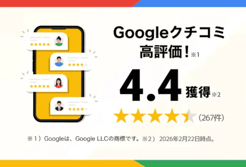 カーリースカルモくんのサービスが、2026年2月11日時点のGoogleの口コミ評価で4.4を獲得していることを表す図