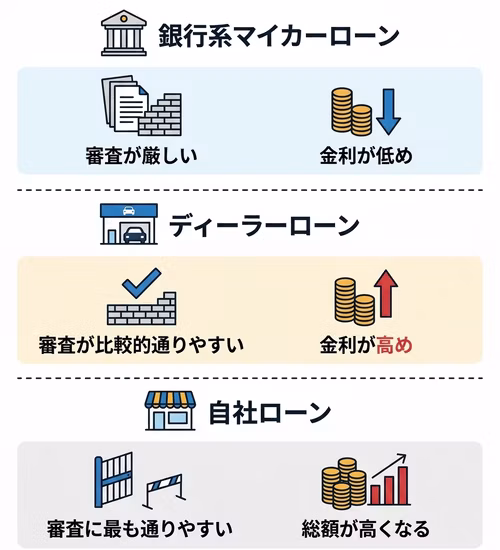 車のローン3種類の特徴を比較して解説。銀行系マイカーローンは審査が厳しいが金利が低め。ディーラーローンは審査が比較的通りやすいが金利は高め。自社ローンは3つの中で最も審査のハードルが低いが、手数料・保証料が上乗せされるため総額が高くなりやすい。