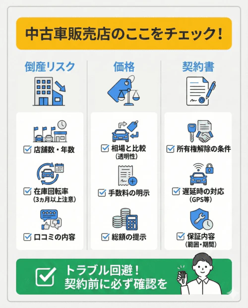 中古車販売店を選ぶ際に、トラブルを避けるために契約前に確認すべき重要なチェックポイントを解説した画像。倒産リスクの観点では、店舗数や営業年数、3ヵ月以上在庫が残っていないかという在庫回転率、口コミの内容を確認するよう促している。価格の観点では、相場との比較による透明性、手数料が明示されているか、総額が提示されているかをチェックする必要がある。契約書の観点では、所有権解除の条件、支払い遅延時の遠隔制御などの対応、保証の範囲や期間といった保証内容を確認することが重要であると説明し、最終的にこれらのポイントを契約前に必ず確認することでトラブルを回避しようと呼び掛けている。
一部を表示
