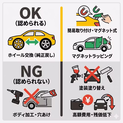 カーリースの外装カスタマイズについて、純正に戻せるホイール交換や簡易固定のエアロパーツなどは認められやすい一方で、塗装の塗り替えや穴あけなど原状回復が困難な加工は高額な費用が発生するため避けるべきであることを解説する画像。