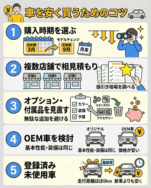車を安く買うためのコツとして、「購入時期を選ぶ」「複数店舗で相見積もりを取る」「オプション・付属品を見直す」「OEM車を検討する」「登録済み未使用車を検討する」という5つのポイントを並べた画像。