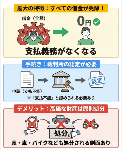 自己破産は任意整理や個人再生とは異なり、すべての借金が免除されるが、裁判所から「支払不能」と認めてもらう必要があることを解説する画像。また、車やバイク、家などの高価な所有物については原則処分される。