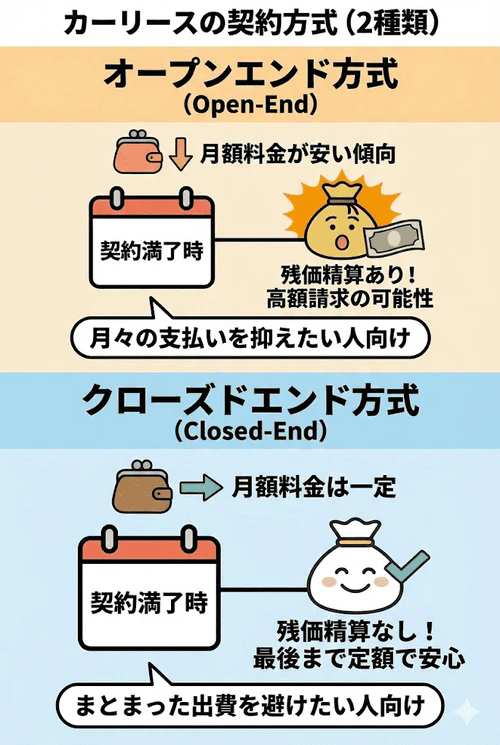 カーリースの契約方式について、月額は安いが最後に残価精算のリスクがあるオープンエンド方式と、最後まで定額で安心なクローズドエンド方式の違いや、それぞれの向き不向きを解説する画像。