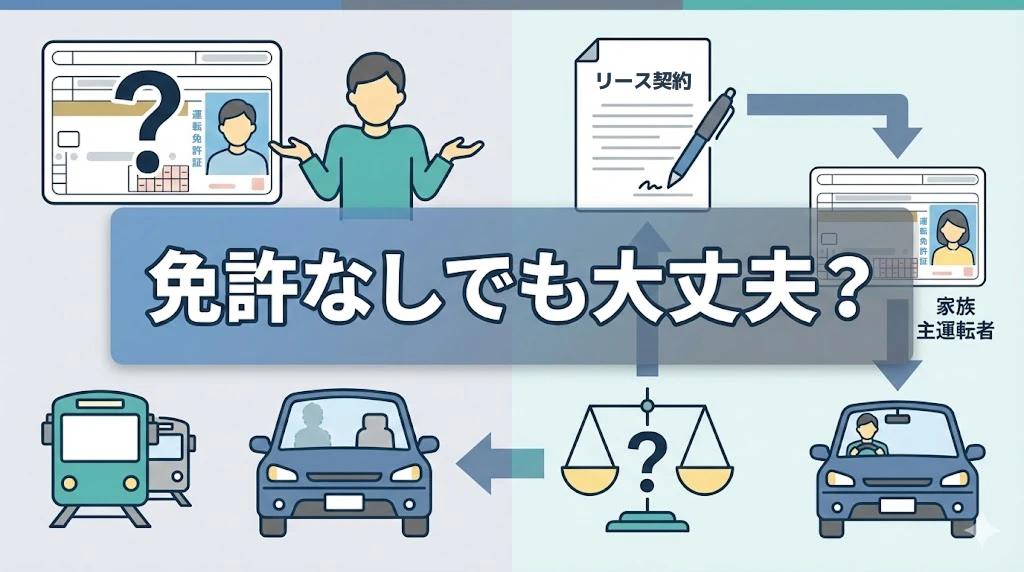 免許なしでもカーリースの利用ができるのか、契約の際の必要書類や申込みの手順と併せて解説する記事のタイトル画像。免許の取得にまとまった費用がかかるため、これから運転免許を取る方には、購入よりも初期費用不要のカーリースのほうが楽に車を持てることも紹介している。