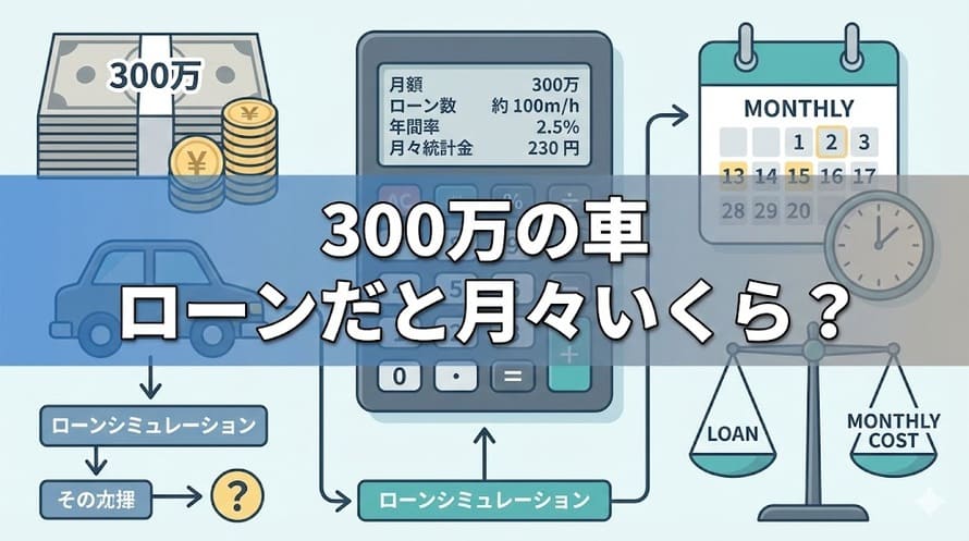 300万円の車をローン購入した場合、月々の返済  額がいくらになるのかを解説した記事のタイトル画像