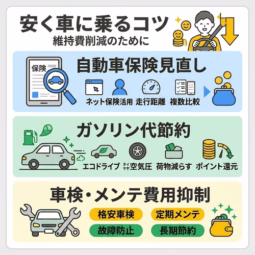 車の維持費を削減して安く乗るコツとして、「自動車保険の見直し」「運転方法の工夫などによるガソリン代の節約」「車検先の見直しや日常点検によるメンテナンス費用の抑制」という3つの具体的な節約ポイントを解説した画像。