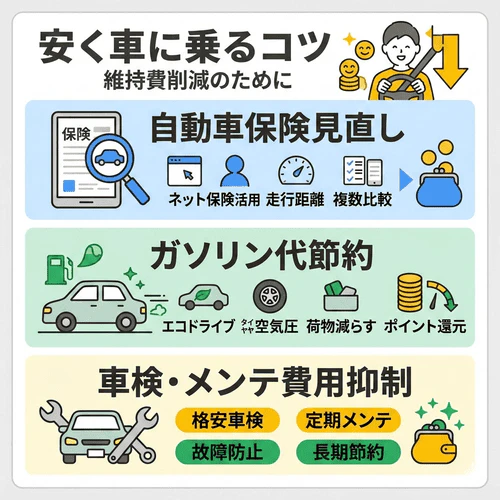 車の維持費を削減して安く乗るコツとして、「自動車保険の見直し」「運転方法の工夫などによるガソリン代の節約」「車検先の見直しや日常点検によるメンテナンス費用の抑制」という3つの具体的な節約ポイントを解説した画像。