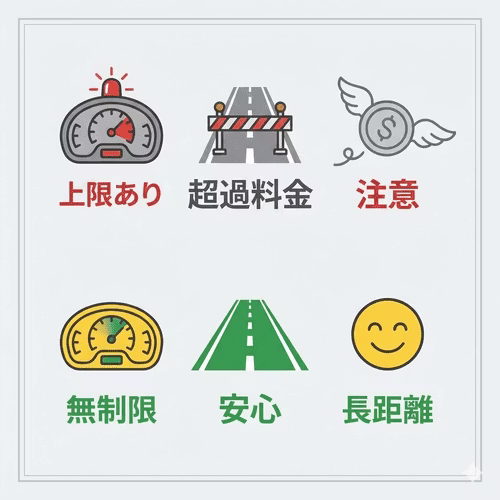 走行距離制限を超過すると追加料金が発生するため、用途に合った上限設定や走行距離無制限プランを選ぶ必要性を解説する画像。