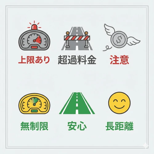 走行距離制限を超過すると追加料金が発生するため、用途に合った上限設定や走行距離無制限プランを選ぶ必要性を解説する画像。