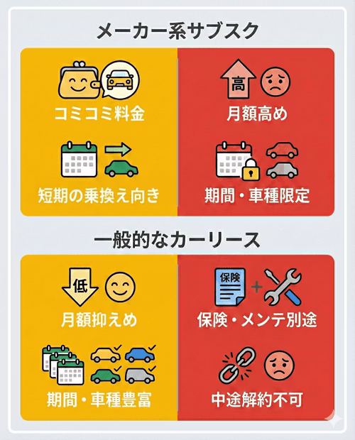 メーカー系サブスクと一般的なカーリースのメリット・デメリットを比較した図解。メーカー系サブスクは、コミコミ料金、短期の乗換え向きという特徴がメリットとして、月額高め、期間・車種限定がデメリットとして示されている。一般的なカーリースは、月額抑えめ、期間・車種豊富という特徴がメリットとして、保険・メンテ別途、中途解約不可がデメリットとして示されている。