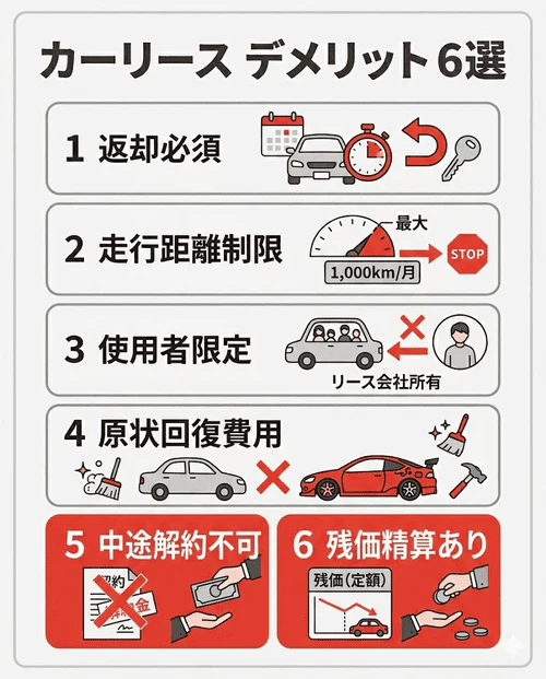 カーリースのデメリット（返却前提、走行距離制限、所有権の所在、カスタマイズ制限、中途解約不可、残価精算）を詳しく解説する画像。あわせて、走行距離無制限プランや「車がもらえるオプション」によってこれらの制約を解消できる解決策についても紹介している。