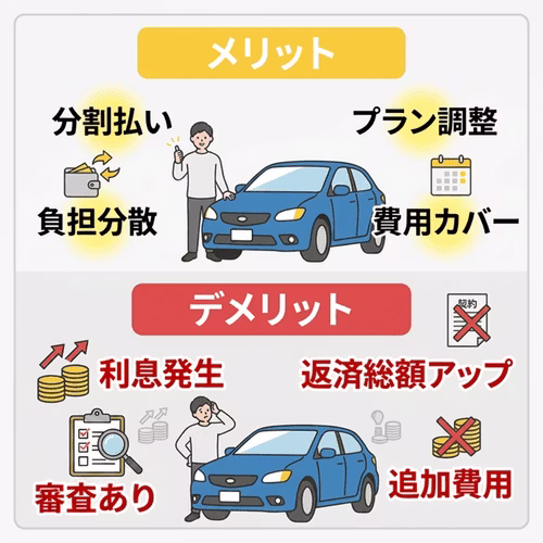 オートローンのメリットは分割払い・負担分散・プラン調整・費用カバーで、デメリットは利息発生・返済総額アップ・審査あり・追加費用がある。