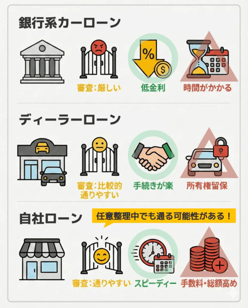車のローンの種類である銀行系カーローン、ディーラーローン、自社ローンの特徴を比較解説した画像。それぞれのローンについて、審査の難易度、メリット、デメリットをイラストとテキストで説明している。銀行系カーローンは審査が厳しく手続きに時間がかかりがちだが低金利で利用しやすい。ディーラーローンは審査が比較的通りやすく手続きが楽だが、完済まで車の所有権が留保される。自社ローンは審査が通りやすくスピーディーだが、手数料や総額が高めになる
一部を表示
