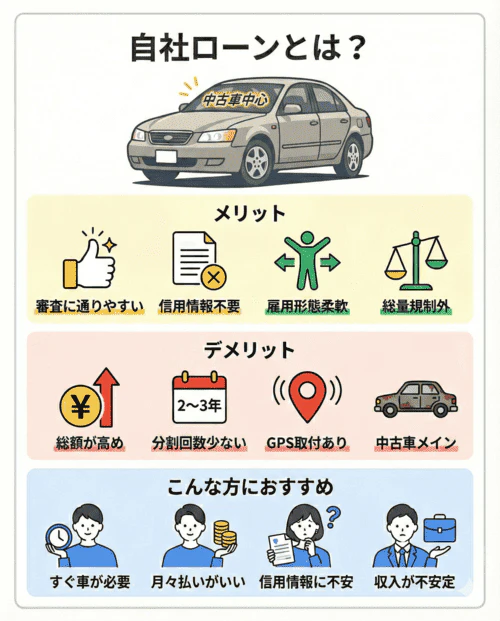 自社ローンのメリット・デメリットや向いている方について解説する画像。メリットとして、審査に通りやすい、信用情報が照会されない、雇用形態だけで判断されない、総量規制の対象外であることを挙げている。一方デメリットとして、支払総額が高めになりやすい、分割回数が少ない、GPSなどを取り付けられるケースがある、対象が中古車メインとなることを指摘している。これらを踏まえ、すぐに車が必要な方、多少高くなっても月々払いを希望する方、信用情報に不安がある方、収入が不安定な方におすすめであると説明している。