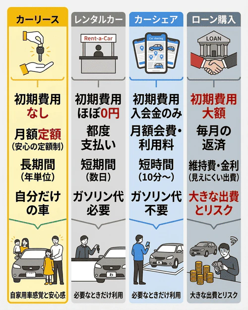 カーリースはレンタカーやローンなどの方法とどう違う？