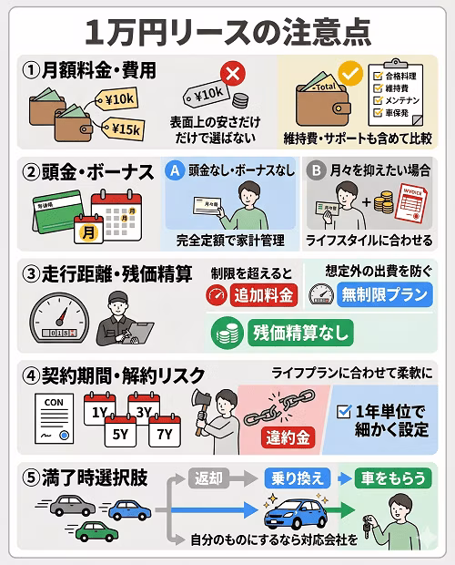 大手カーリースを選ぶ際に確認すべき5つの重要なポイントをまとめた図解。1. 月額料金に含まれる費用の範囲とトータルコスト、2. 頭金やボーナス払いの設定と家計に合わせた支払い方法の選択、3. 走行距離制限や残価精算による追加出費リスクの有無、4. ライフスタイルの変化に応じた契約期間の柔軟性と中途解約リスクへの備え、5. 返却・乗り換え・車をもらうなど契約満了時の選択肢、という各チェックポイントを整理して解説している。