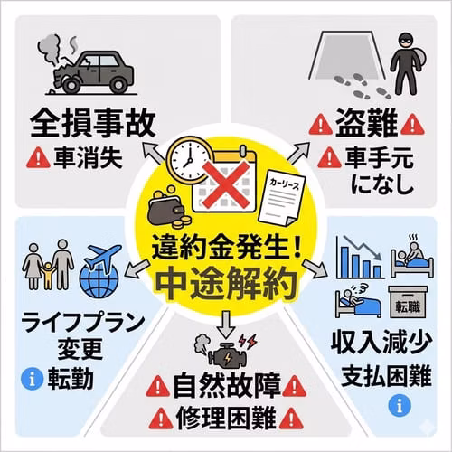 カーリースで違約金が発生する5つのケース。「全損事故で車が消失したとき」「盗難で車が手元になくなったとき」「ライフプランの変更や転勤があったとき」「自然故障で修理が困難なとき」「収入減少で支払いが困難なとき」。いずれも中途解約となり、違約金が発生する。