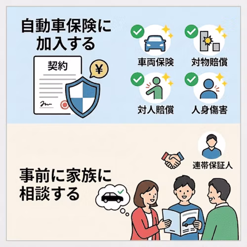 自動車保険に加入する（車両保険、対物賠償、対人賠償、人身傷害）、事前に家族に相談する（連帯保証人）。