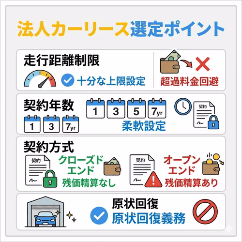 法人向けカーリース選びで失敗しないための4つの重要ポイント（走行距離制限、契約年数、契約方式、原状回復）を解説する画像。業務に合わせた距離設定や、追加精算のリスクがない「クローズドエンド方式」のメリット、契約期間設定の注意点など、社用車運用の最適化に向けた確認事項をまとめている。