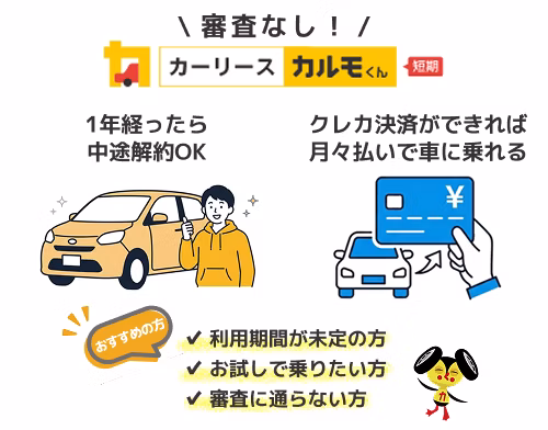 短期カーリースカルモくんについて解説。契約から1年経ったら中途解約ができること、クレジットカード決済ができれば審査なしで車を持てることを示している。