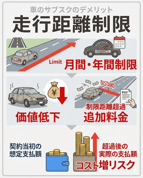 車のサブスクのデメリット「走行距離制限」について、返却時の価値を維持するために設定された距離を超過すると追加料金が発生する仕組みと、長距離利用時の注意点を解説する画像。