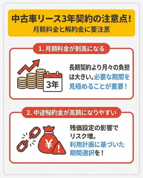 中古車リースを3年契約する際の注意点