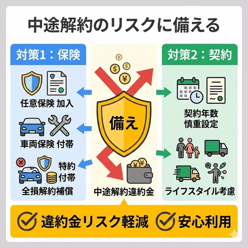 中途解約時の違約金リスクへの備えとして、リース車両専用の特約付き任意保険への加入や、将来のライフスタイル変化を見越した慎重な契約年数設定の重要性を解説する画像。