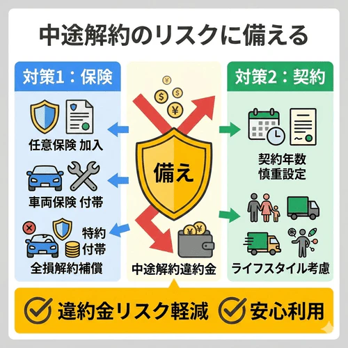中途解約時の違約金リスクへの備えとして、リース車両専用の特約付き任意保険への加入や、将来のライフスタイル変化を見越した慎重な契約年数設定の重要性を解説する画像。