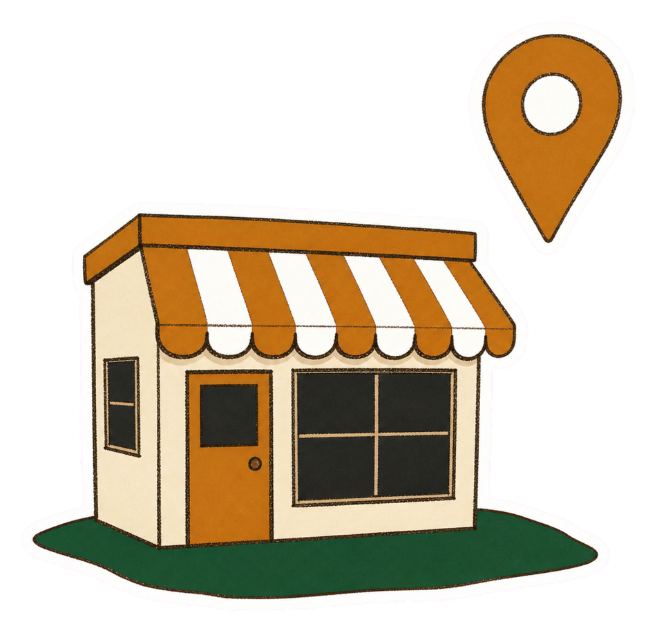 地図のピンとお店のイラスト