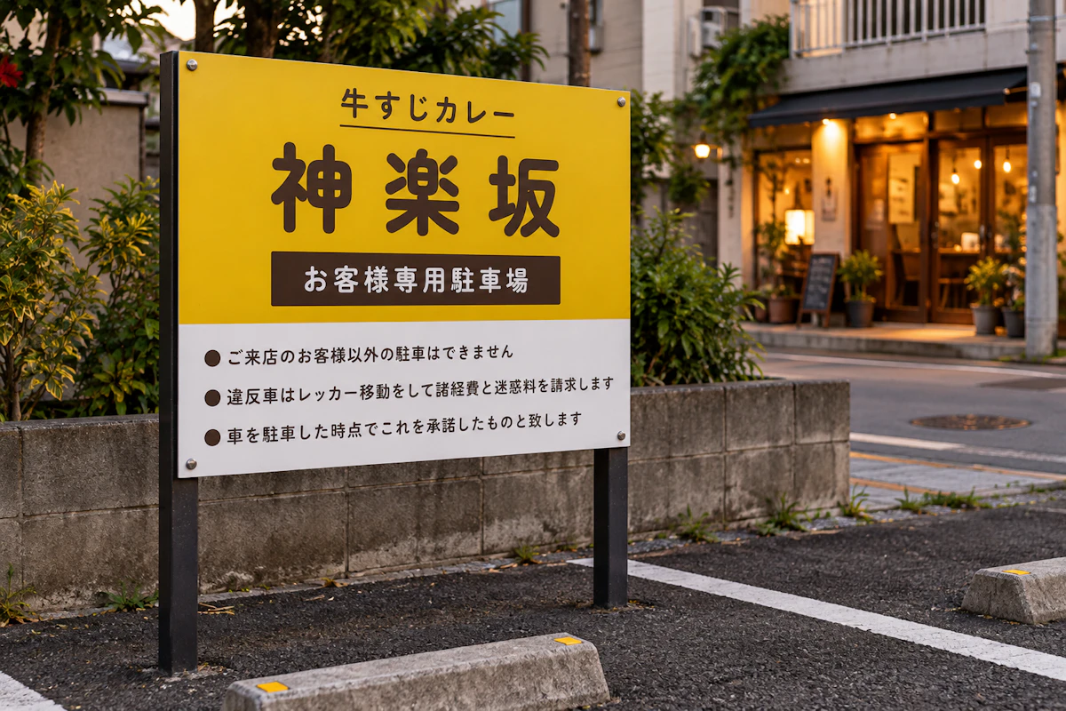 沖縄市のカレー店「神楽坂」の店名とお客様専用駐車場の案内を表示した黄色い駐車場看板