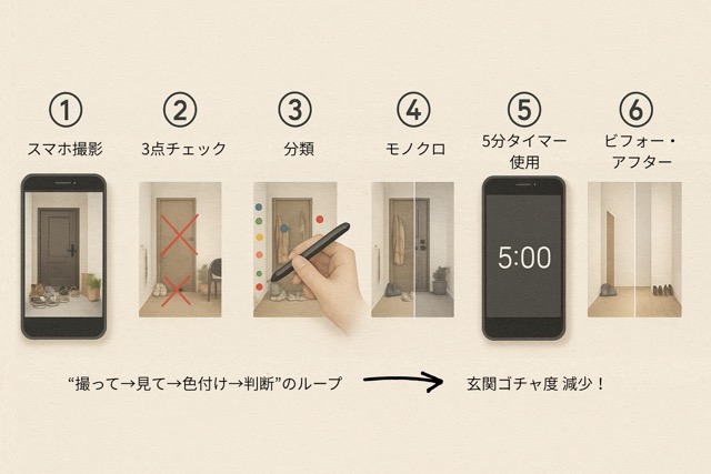 スマホで玄関を撮影し、判定・色分け・モノクロ比較・5分タイマー・ビフォーアフターへ進む6ステップ図解。
