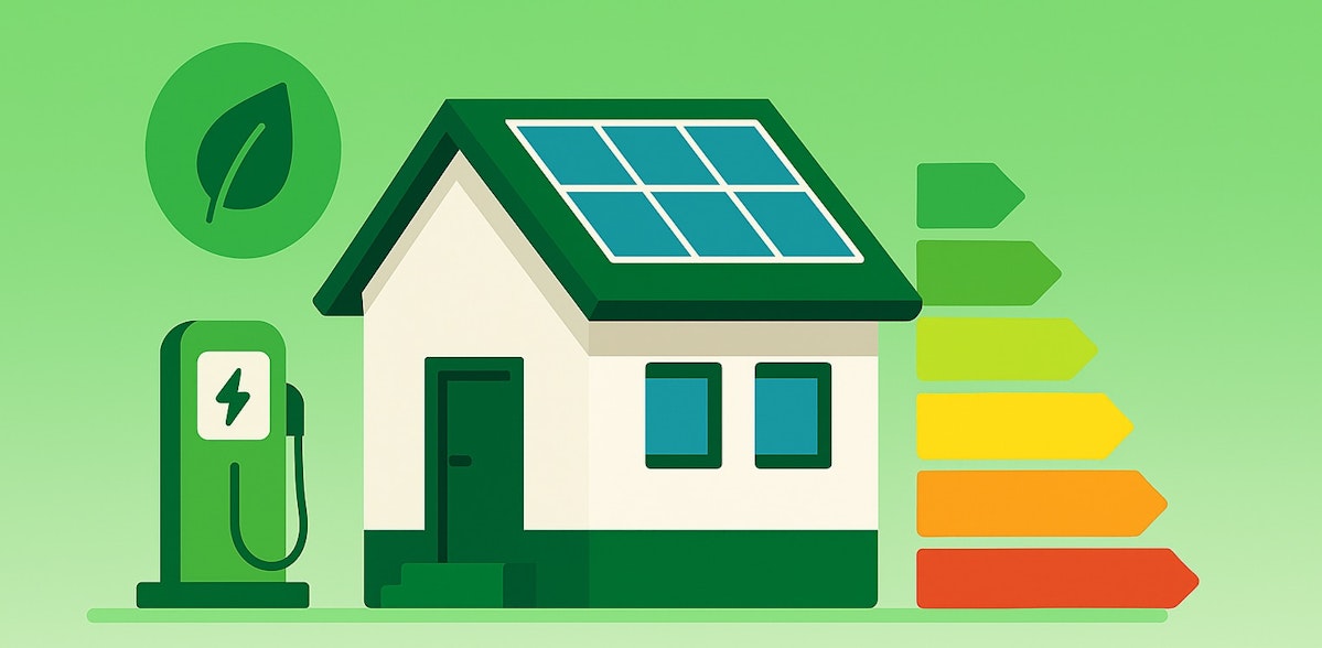太陽光パネルのZEH住宅とEV充電器、省エネ効率を示す矢印のフラットイラスト