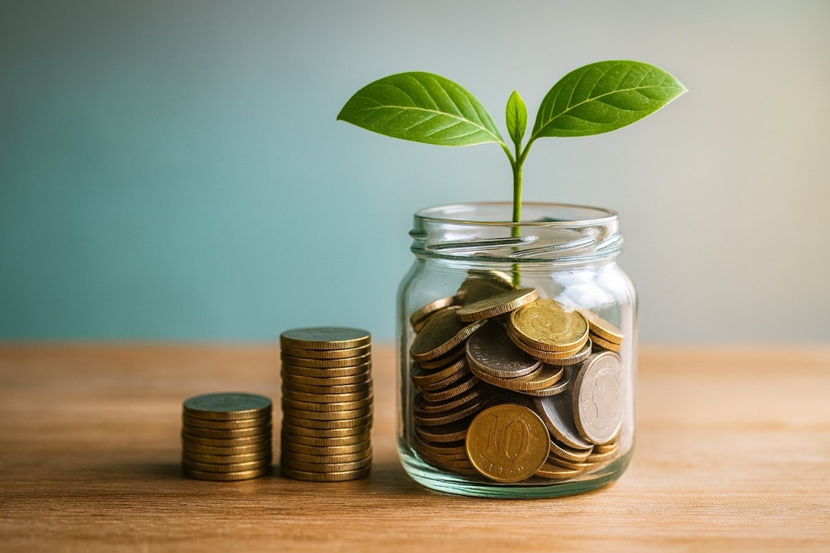 硬貨で満たしたガラス瓶から芽が伸びる、ZEH補助金や投資で資金が育つイメージ