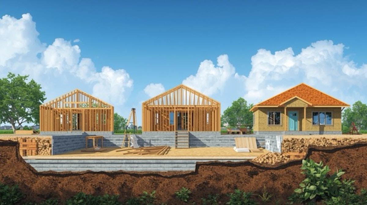 木造住宅の骨組み・基礎から仕上げまでを横並びで示した建築現場の断面イメージ