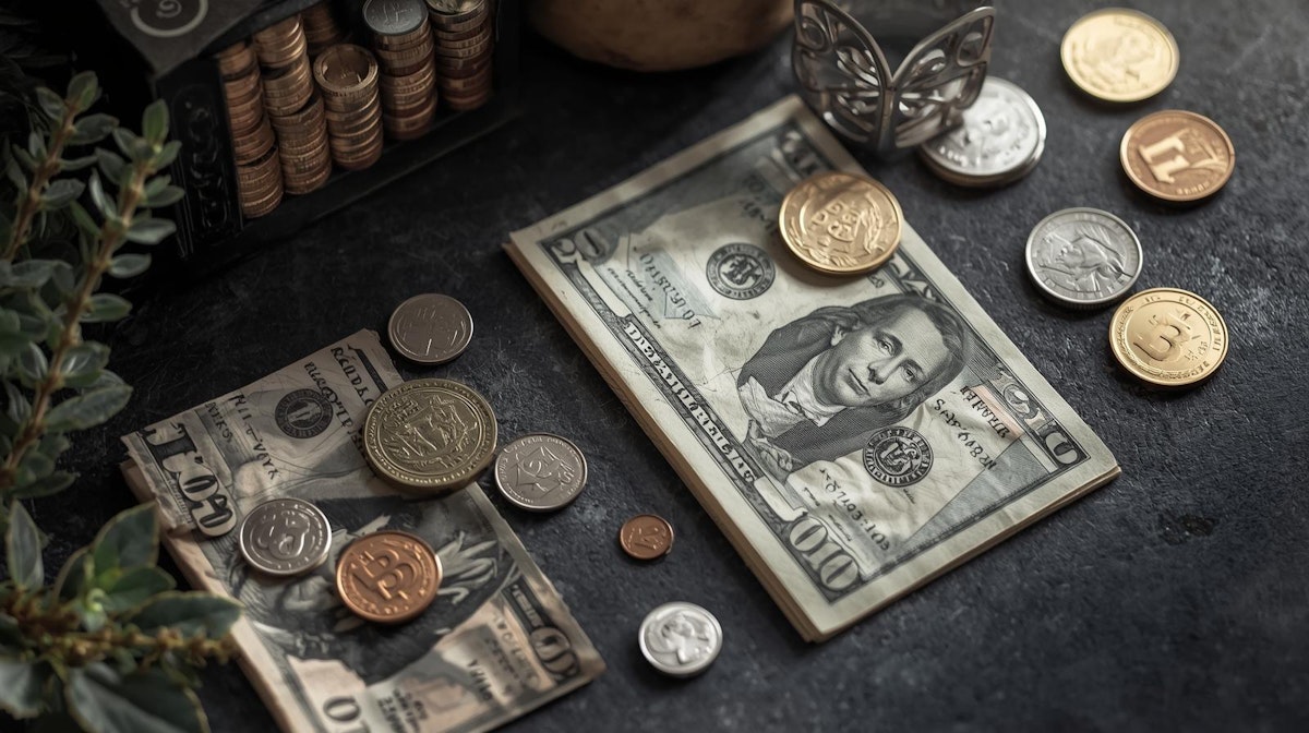 テーブルに置かれた米ドル紙幣と各種コインの静物写真―費用・予算のイメージ
