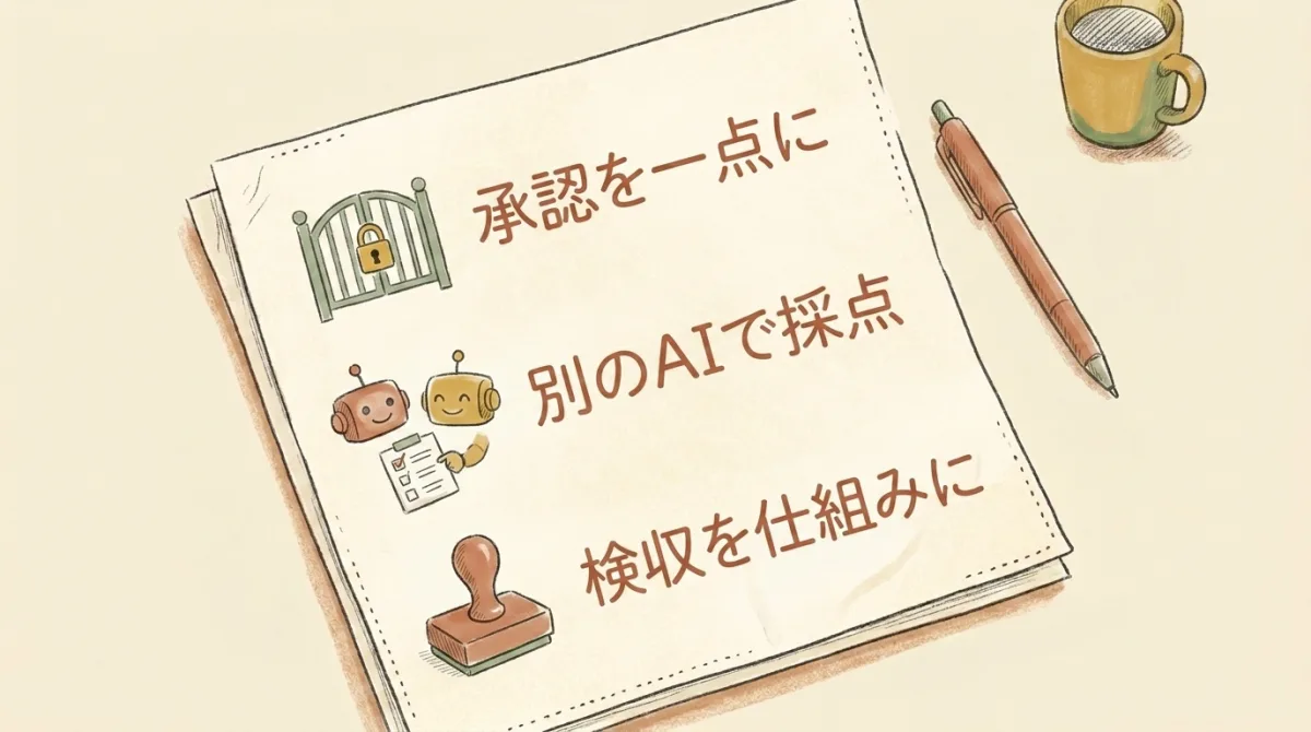 図解：質を守る3つの介入点（承認を一点に・別のAIで採点・検収を仕組みに）