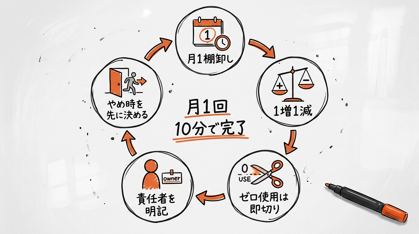 AIスプロール防止5つの習慣サイクル — 月1棚卸し・1増1減・ゼロ使用は即切り・責任者を明記・やめ時を先に決める