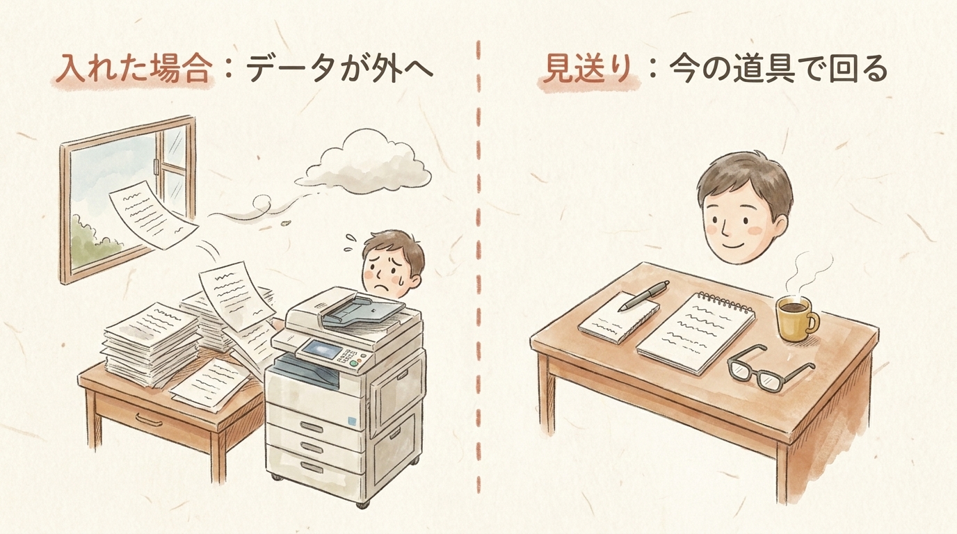 図解:入れた場合はデータが外へ流れる。見送りなら今の道具で回る